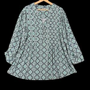 Womens Avenue Tunic Top Blue Teal Geo Print Sz 26 28 Boho Stretch